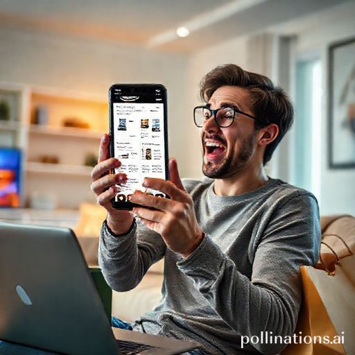 amazing - A person excitedly looking at a smartphone screen displaying various Amazon deals, surrounded by shopping bags and