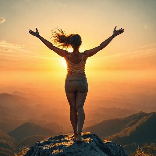 essential - A powerful and determined woman, radiating confidence and strength, standing on a mountaintop at sunrise with arm