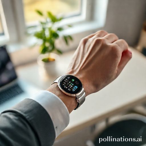 essential - A person wearing a sleek silver smartwatch on their wrist, showing a vibrant digital display with productivity ap