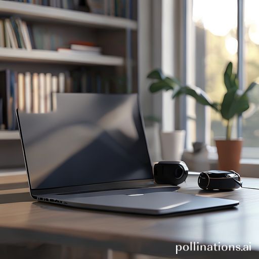 essential - A minimalist home office setup with a sleek laptop, a wireless charging pad, a pair of modern wireless earbuds in