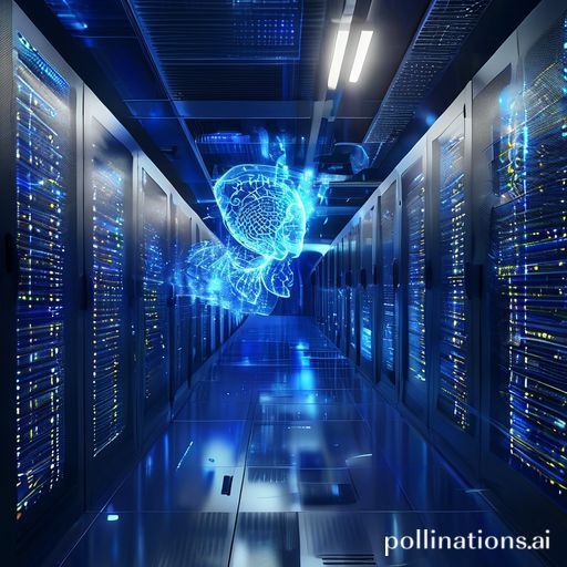 amazons - A futuristic data center with glowing blue server racks extending into the distance, a holographic representation o