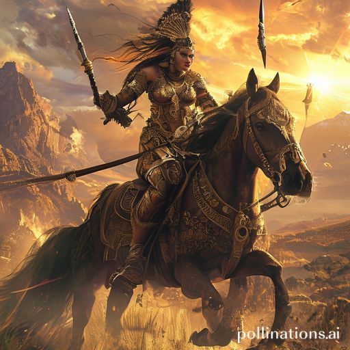 amazons - A powerful Amazonian warrior woman on horseback, wearing ornate bronze armor and holding a spear, riding through a